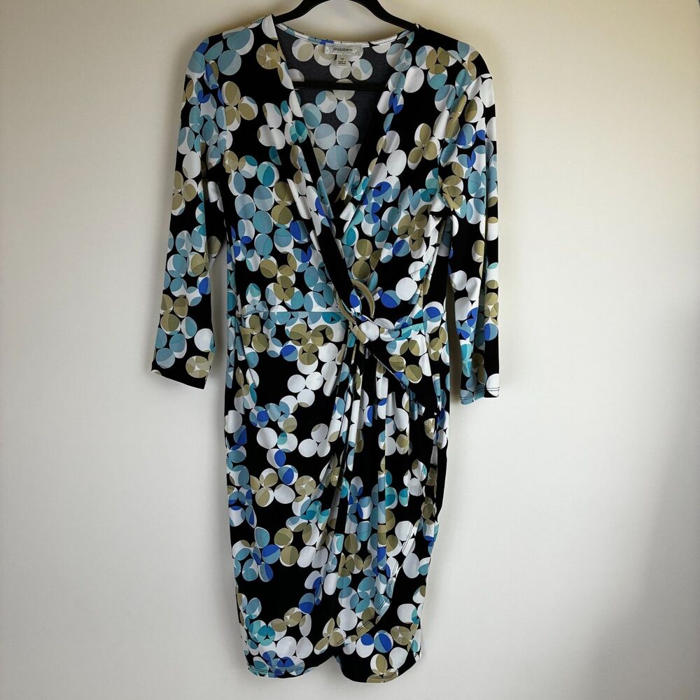 Dressbarn Stretch Knit Faux Wrap Dress Ruched Blue Bubbles Size 12